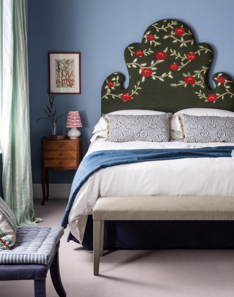 Green Floral Headboard with Blue Accent Wall