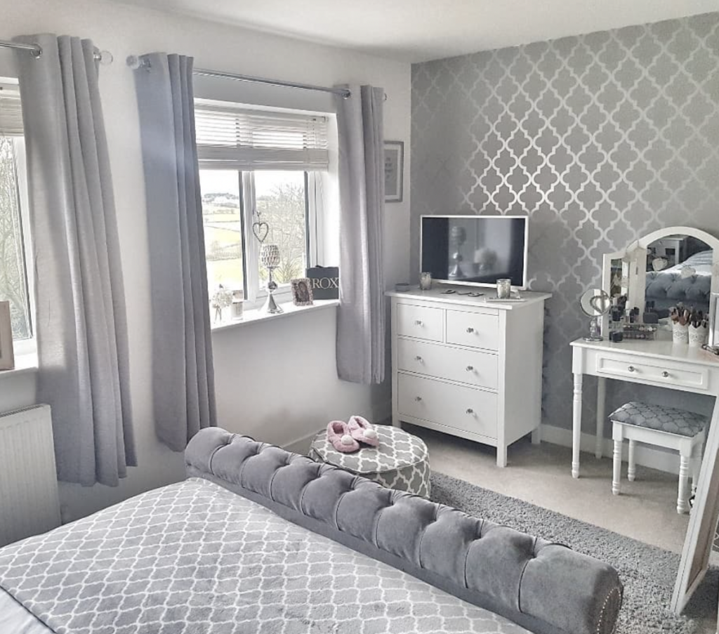 Grey Bedroom Wall and White Dresser TV Stand