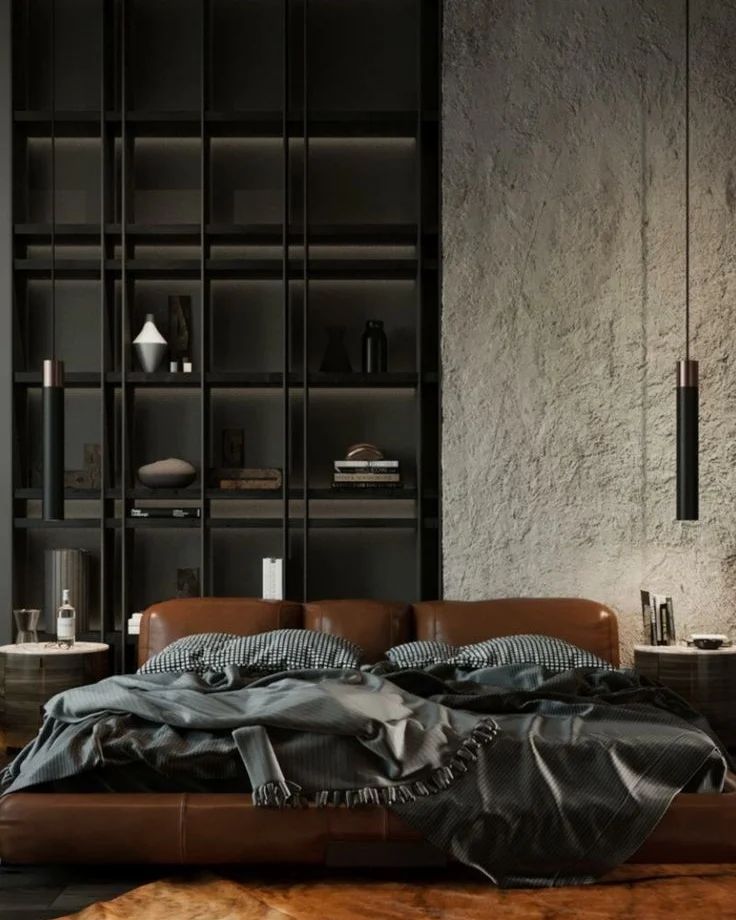 Grey Black Bedroom with Brown Accent Bed