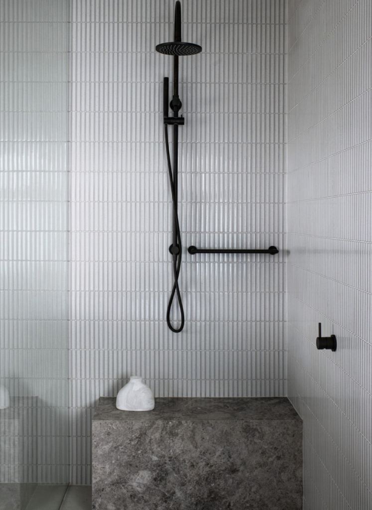 Grey Marble Shower Bench Seating For Small White Tiled Shower