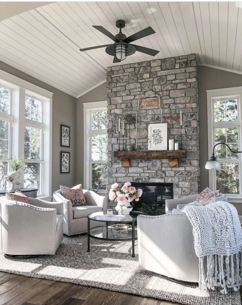 Grey Stone Veneer Fireplace