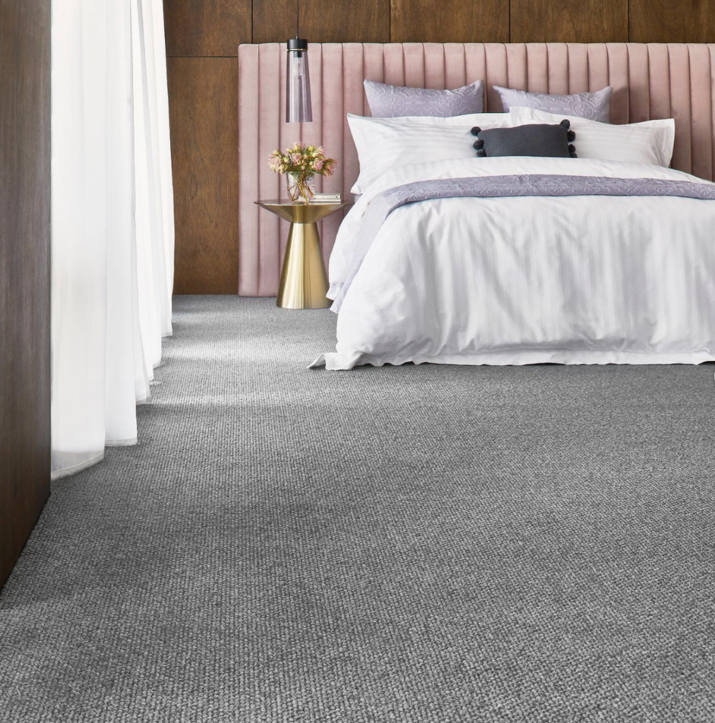 Grey Wall-to-Wall Bedroom Carpet and Pink Bed