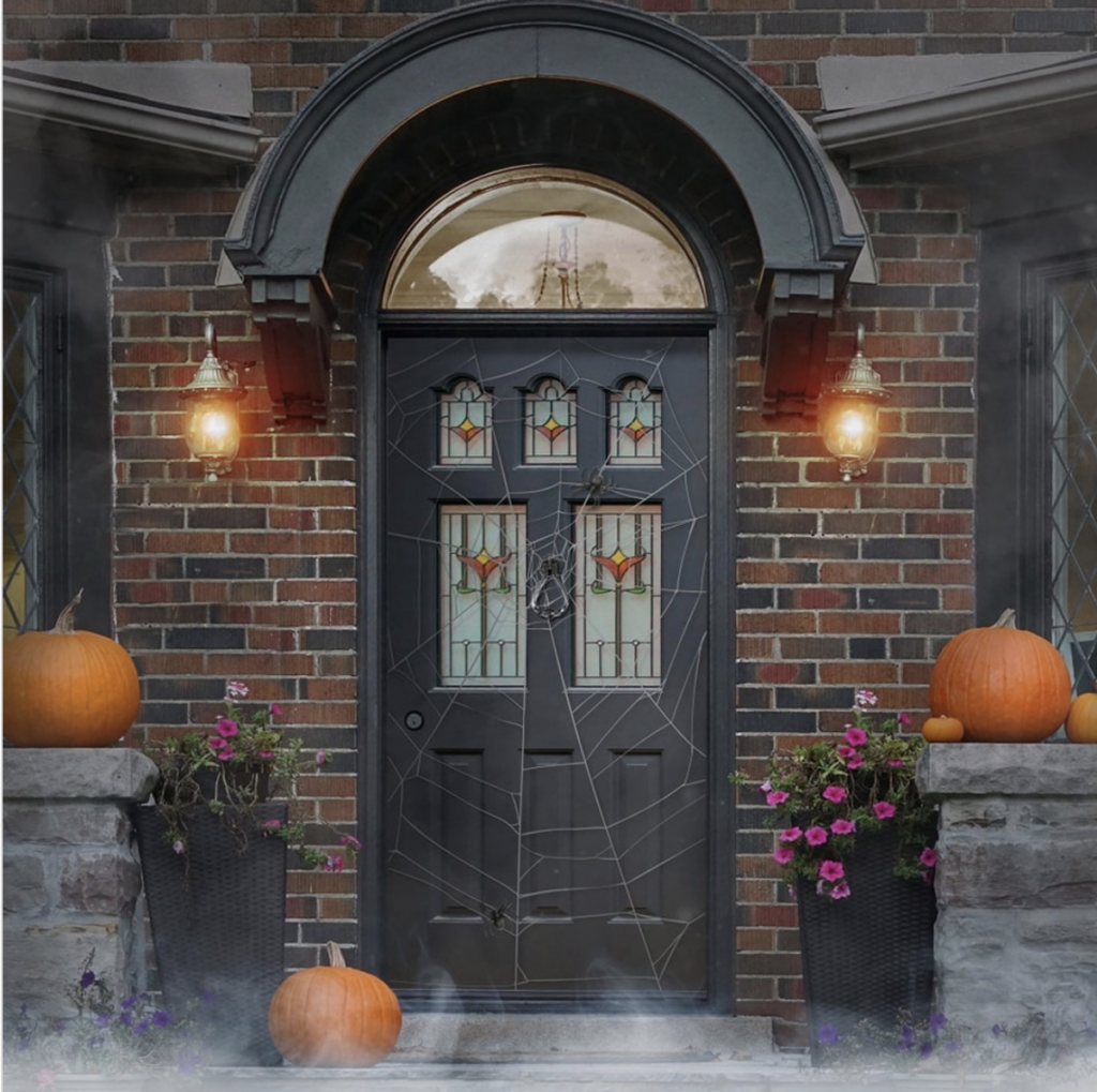 Halloween Pendant Lighting for a Black Arch Shaped Exterior Door