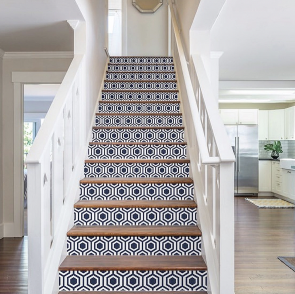 Hexagonal Tile Stair Risers in Blue and White