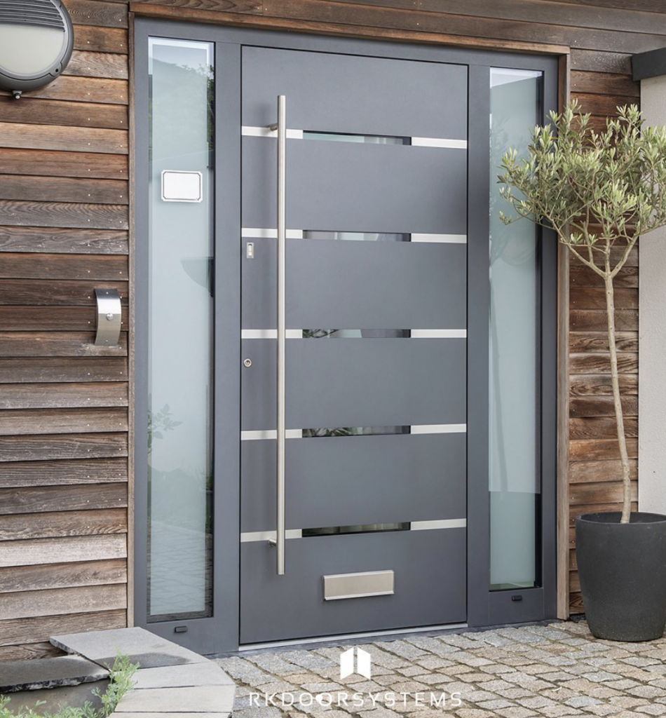 House Front with Matte Black Door and Dark Wood Pallet Wall