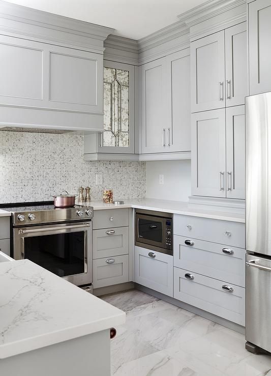Kitchen Cabinets in Gray Shaker Style with Marble