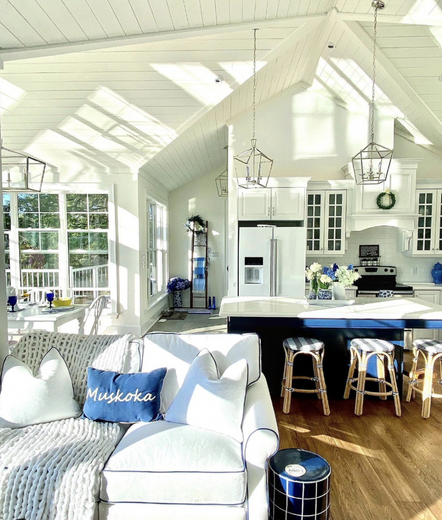 Kitchen island in farmhouse blue and white