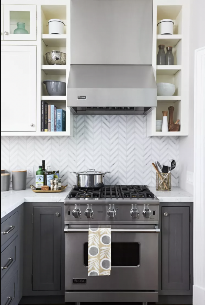 Kitchen with Light Gray Cabinets and White Tile