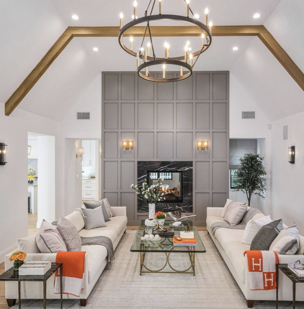 Large Living Room Fireplace with Grey Board-and-Batten Finish