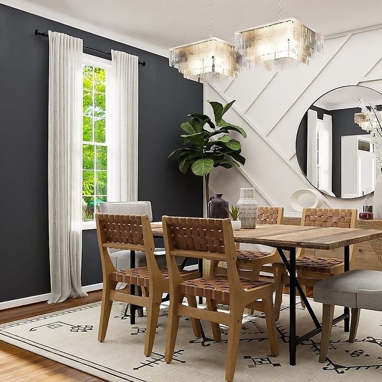 White Board And Batten Wall With Large Mirror Dining Room