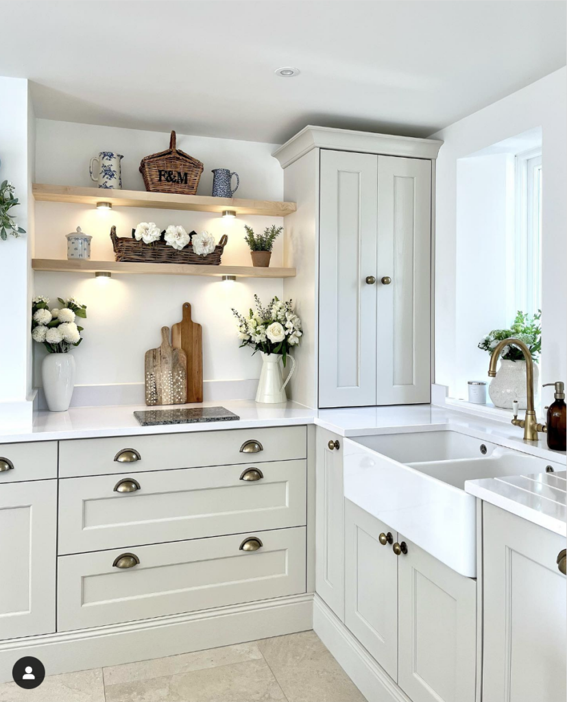 Light Beige Cabinets and Floating Wood Shelves