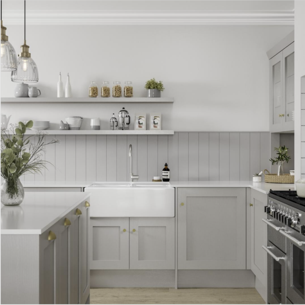 Light Grey Kitchen with a Grey Shiplap Backsplash