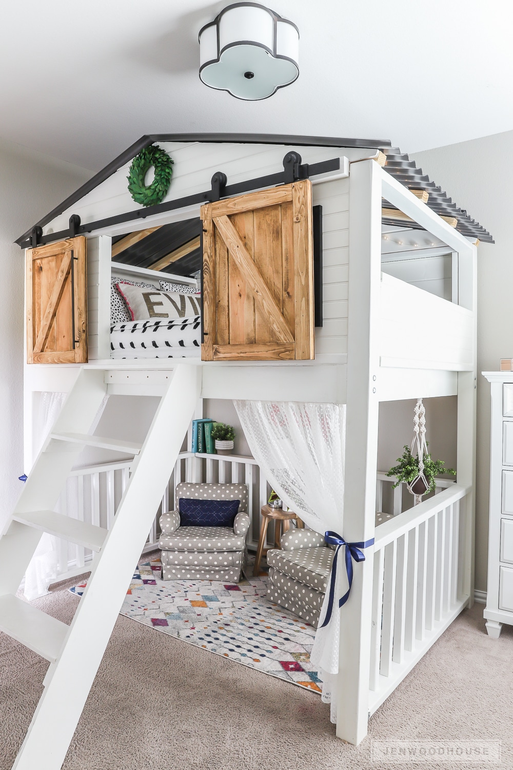 DIY sliding barn door loft bed with rustic wood finish