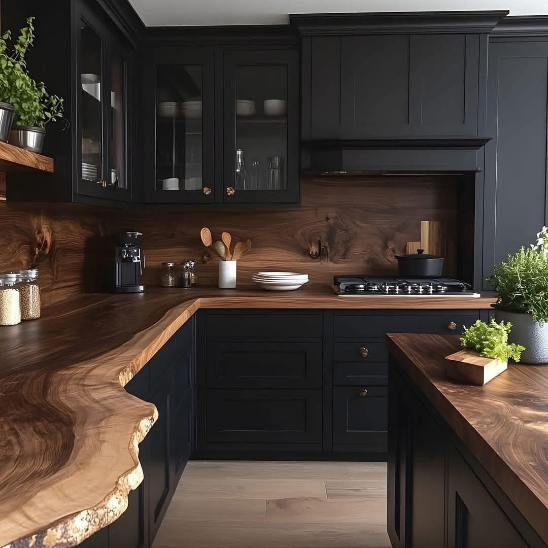 Matte Black Cabinets with a Luxe Live-Edge Counter