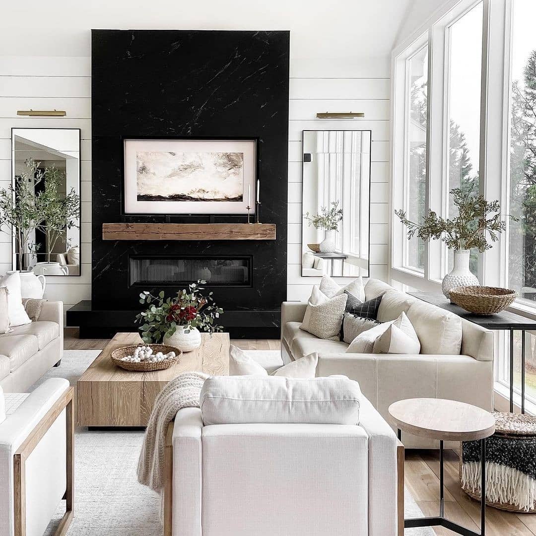 Mirrors Flanking a Black Marble Wall