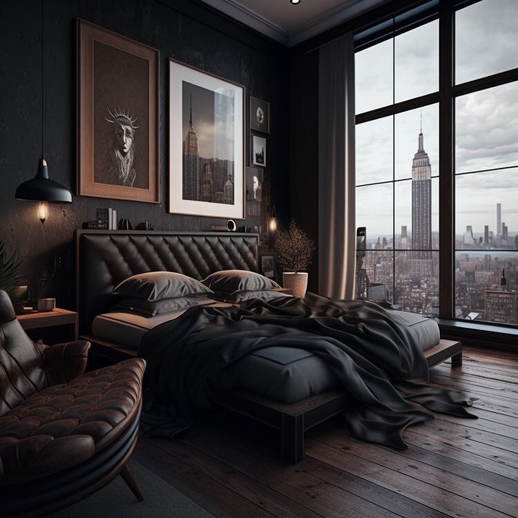 Modern Bedroom in Black and Grey with Wood Floors