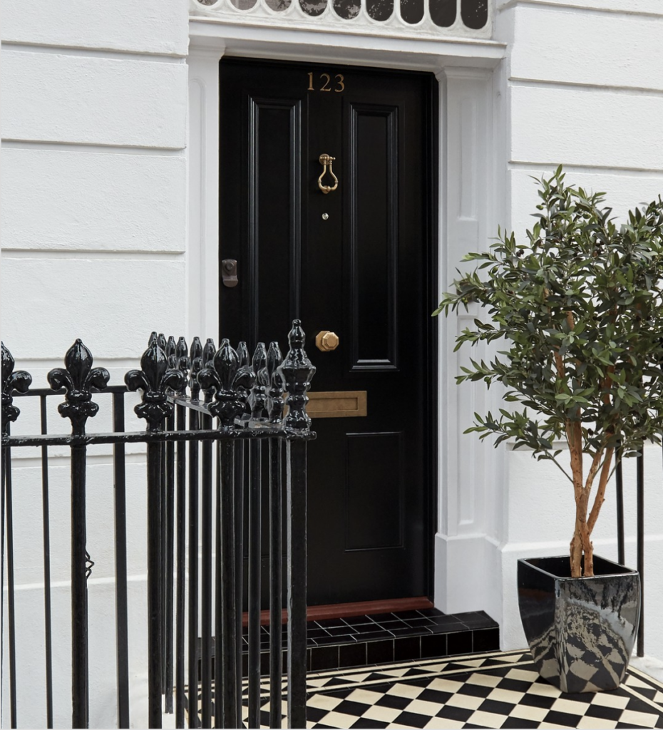 Modern Black Door with Checkered Floor and Planter