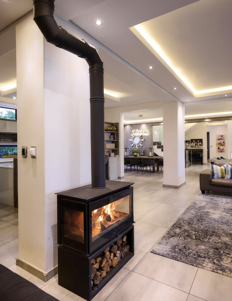 Modern house fireplace using gas with a black finish