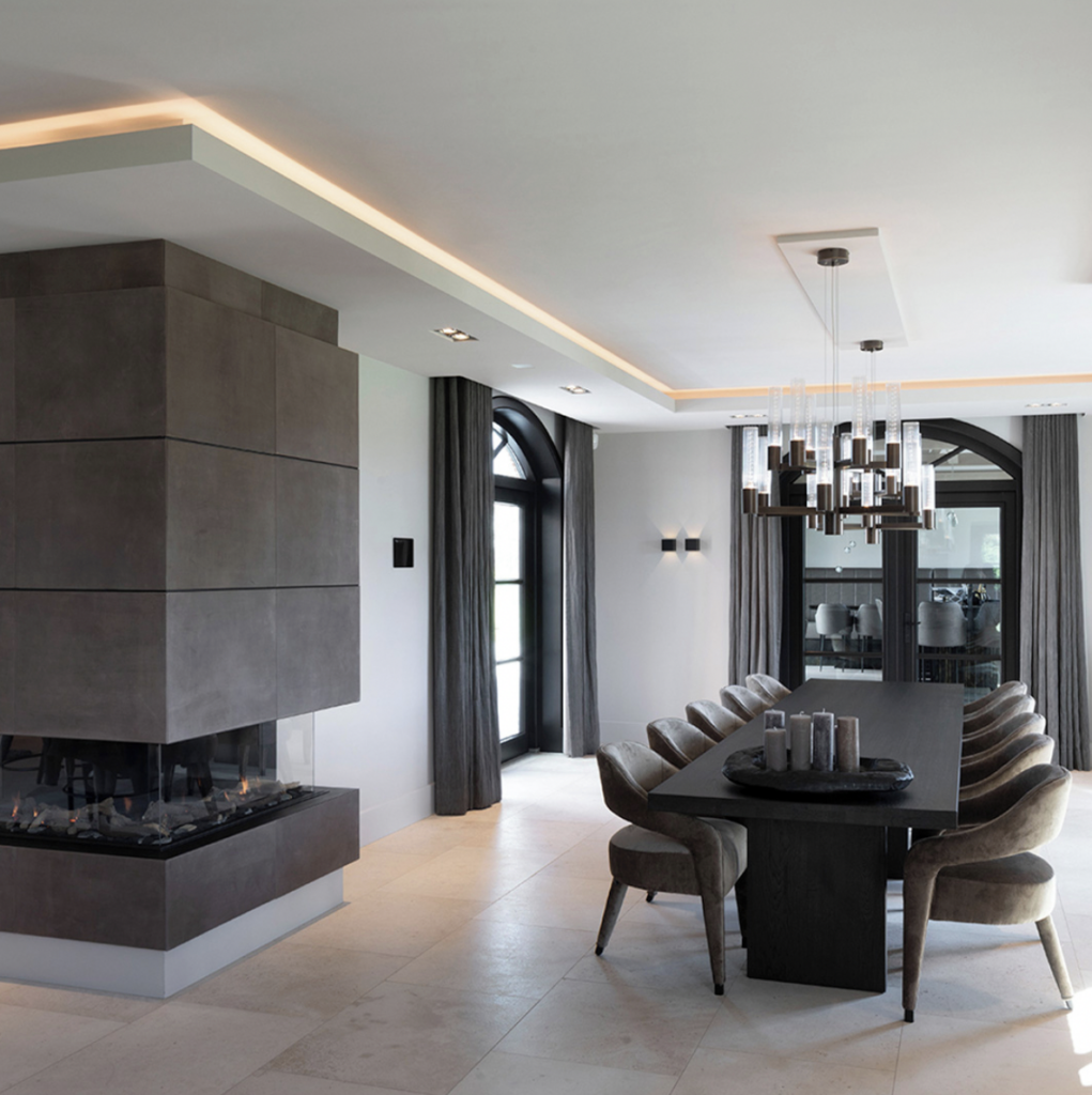Modern Off-Center Dining Room Fireplace