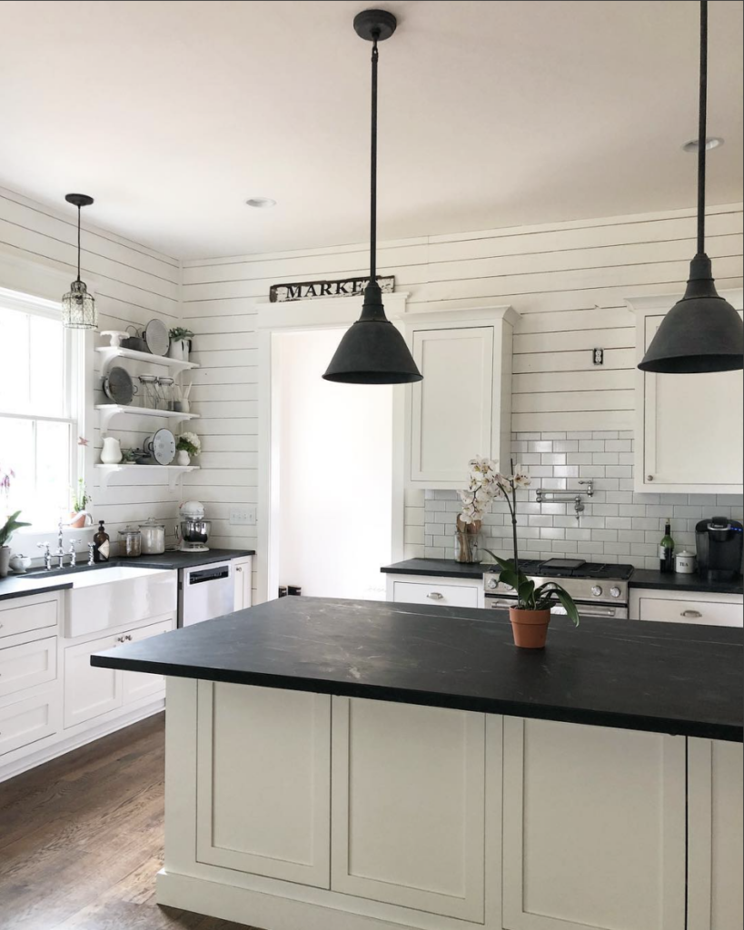 Modern White Cabinets with Shiplap Walls