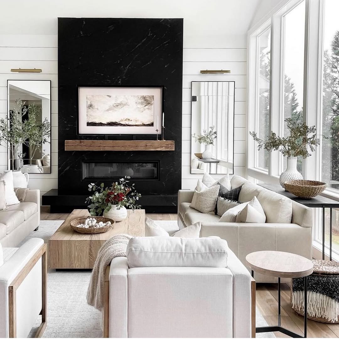 Monochrome Living Room with Rustic Warmth