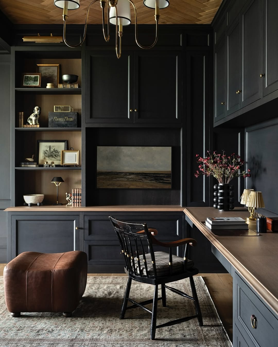 Moody Office with Black Built-Ins Brass Lighting and Herringbone Ceiling