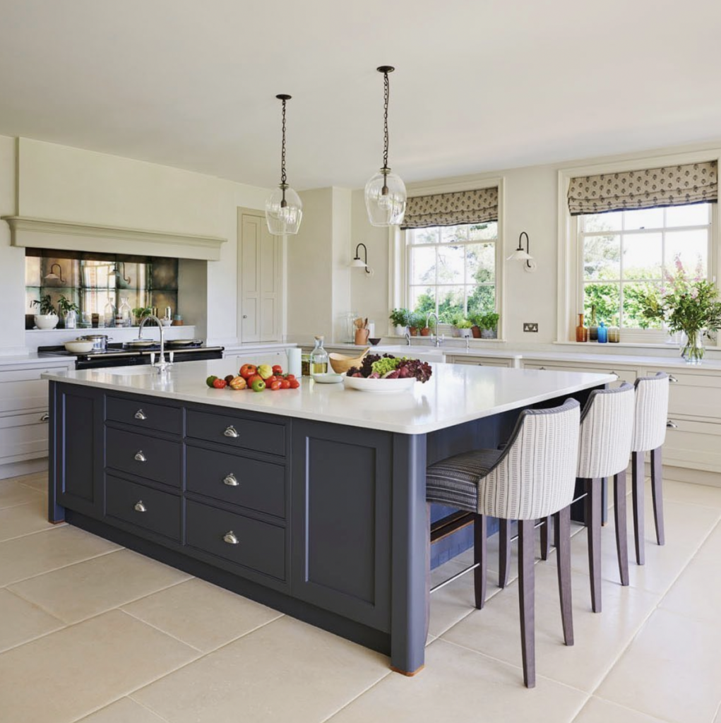Navy and white cabinetry with silver hardware
