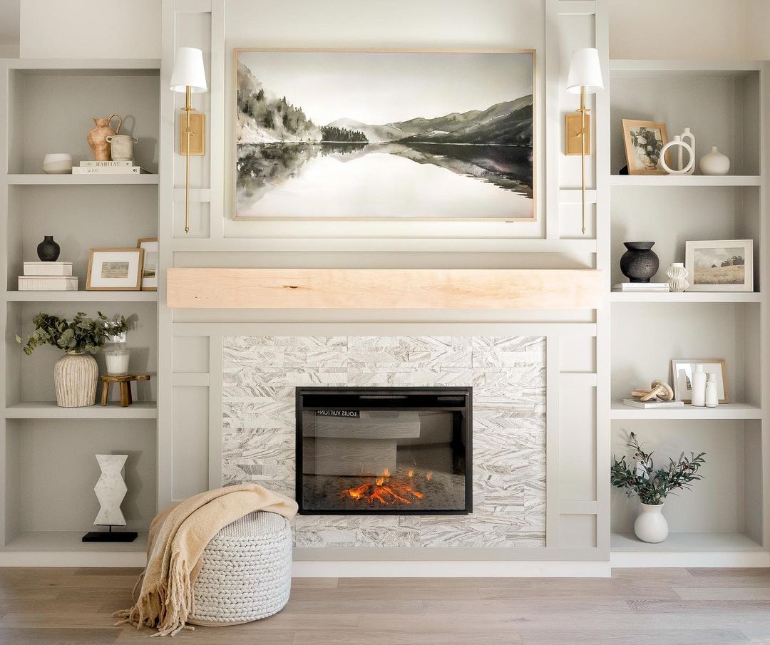 Neutral Fireplace with Shelves on Both Sides