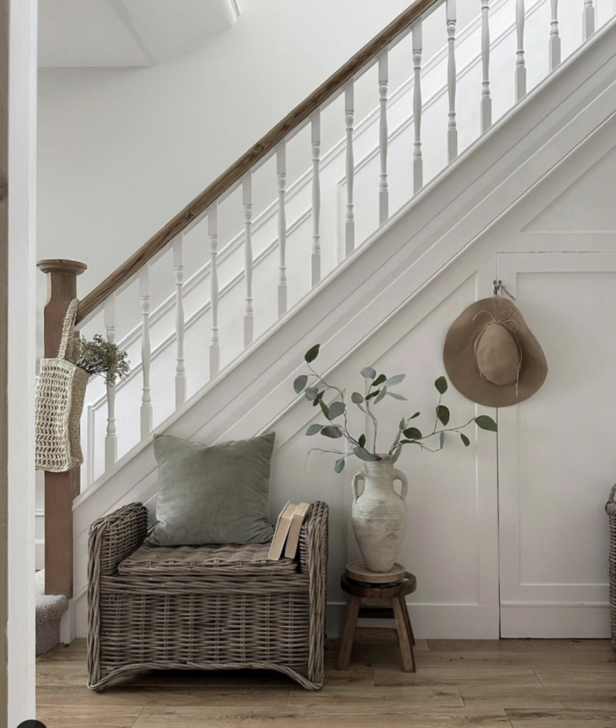 Neutral Rattan Chair with a Small Stool