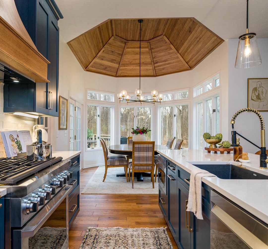 Octagonal Vaulted Ceiling Kitchen Design in an Opulent Forest Setting
