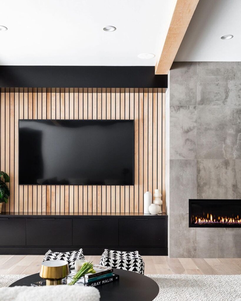 Off-Center Fireplace Focal Point Under a Vaulted Ceiling