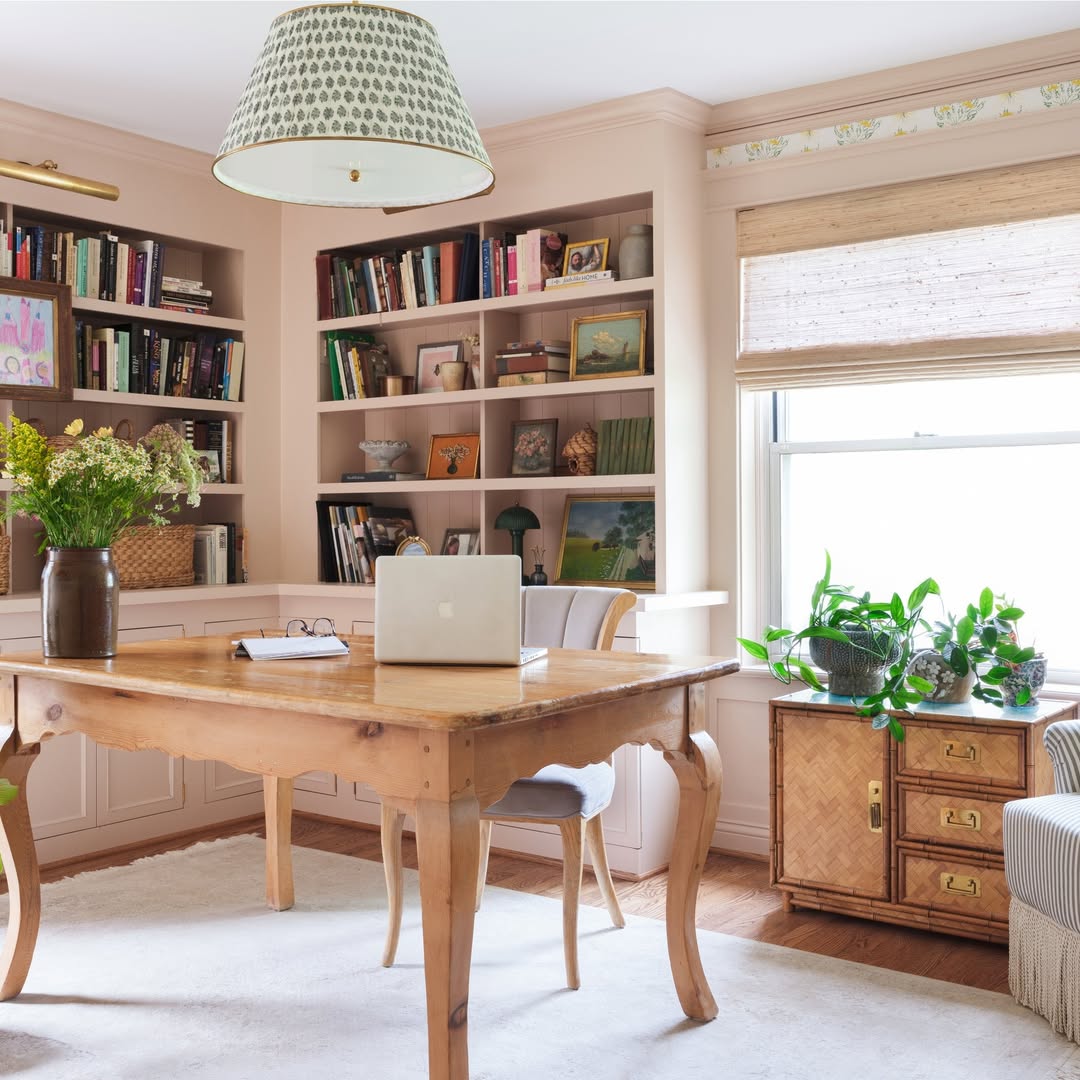 Office with Pale Pink Built-Ins