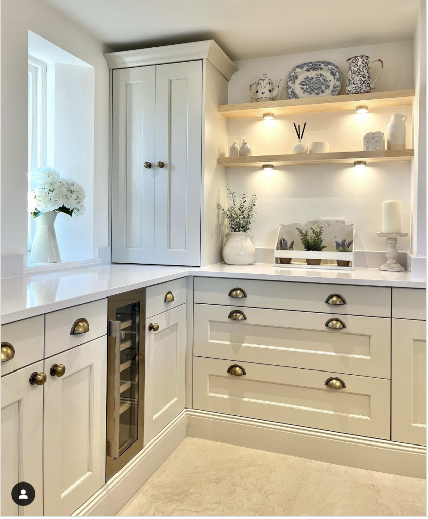 Painted Beige Cabinets with Modern Floating Shelves
