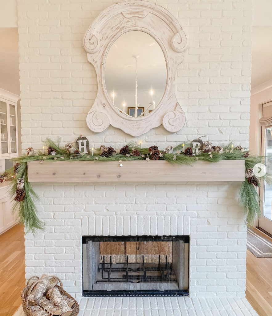 Painted White Brick Fireplace with Mirror