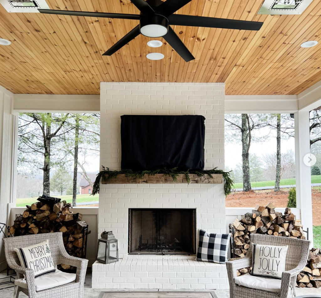 Pallet Wood Ceiling with White Fireplace