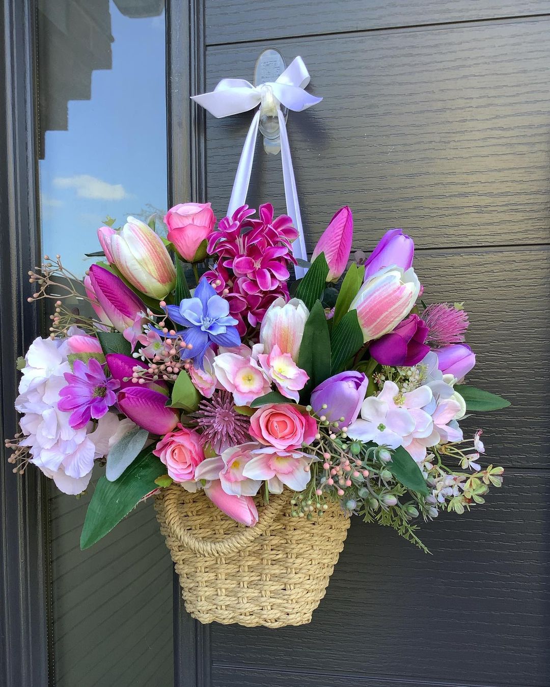 Pastel Tulip and Rose Door Basket