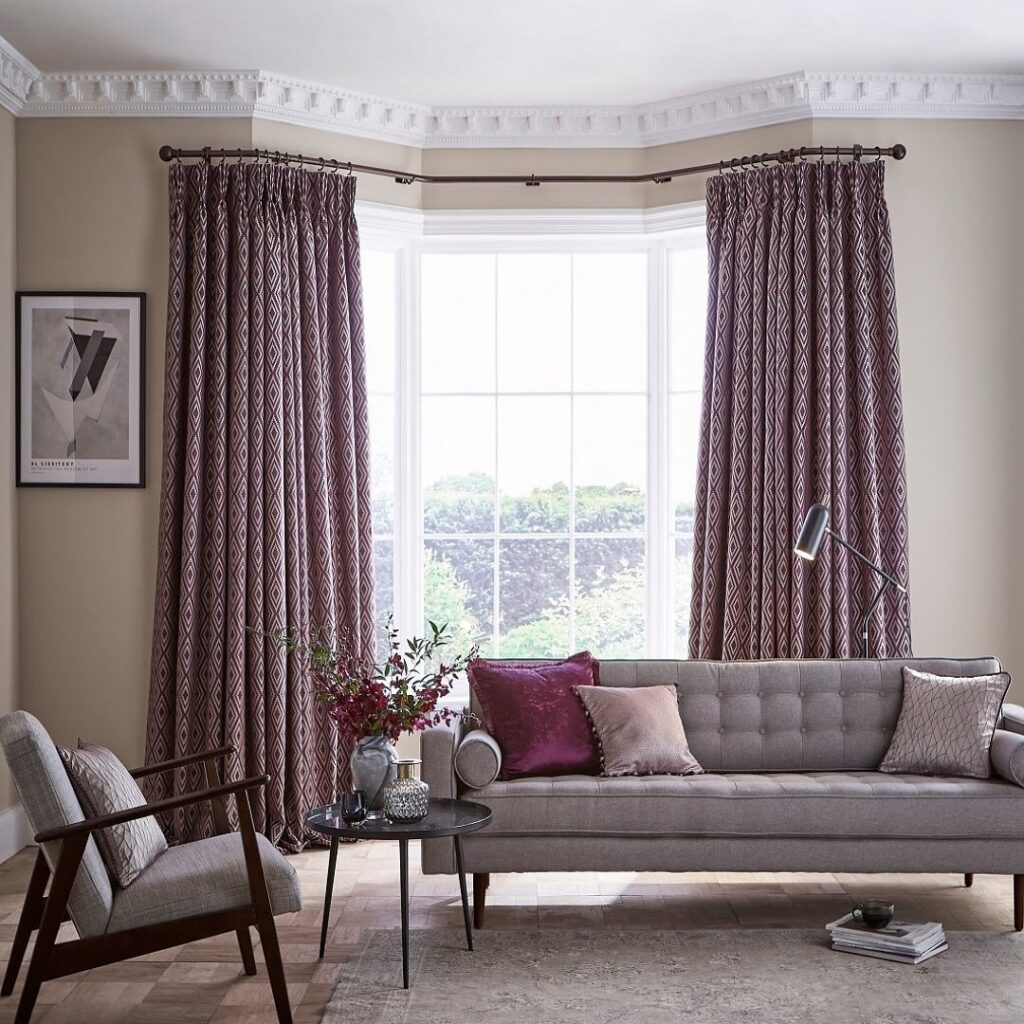 Patterned Maroon Bay Window Curtains