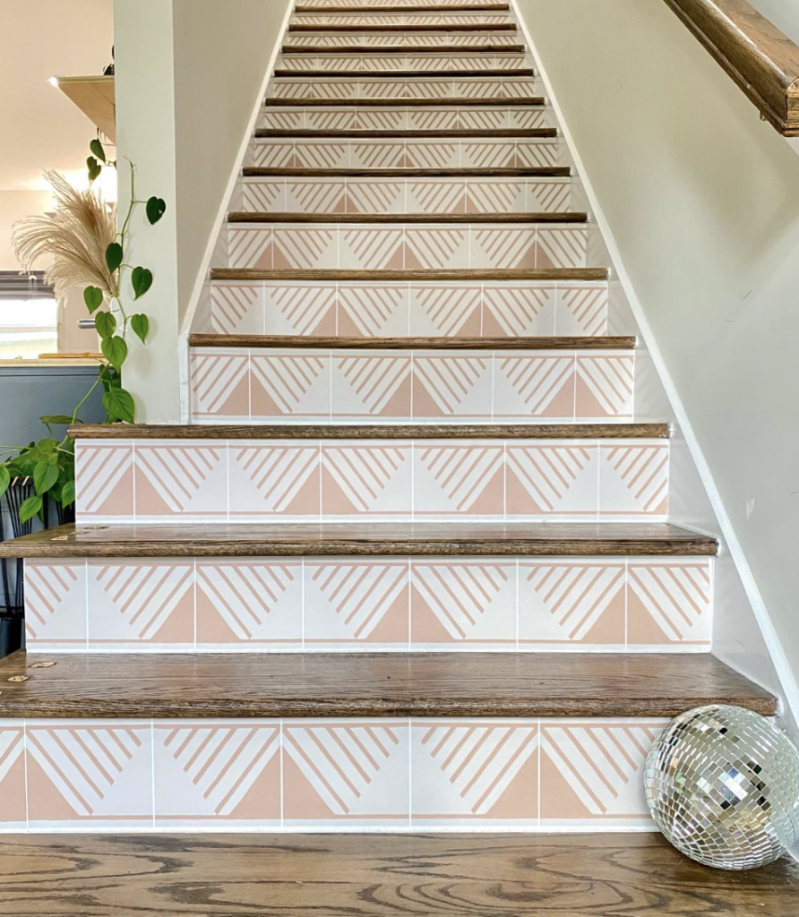 Patterned White and Beige Stair Riser Mural Decals