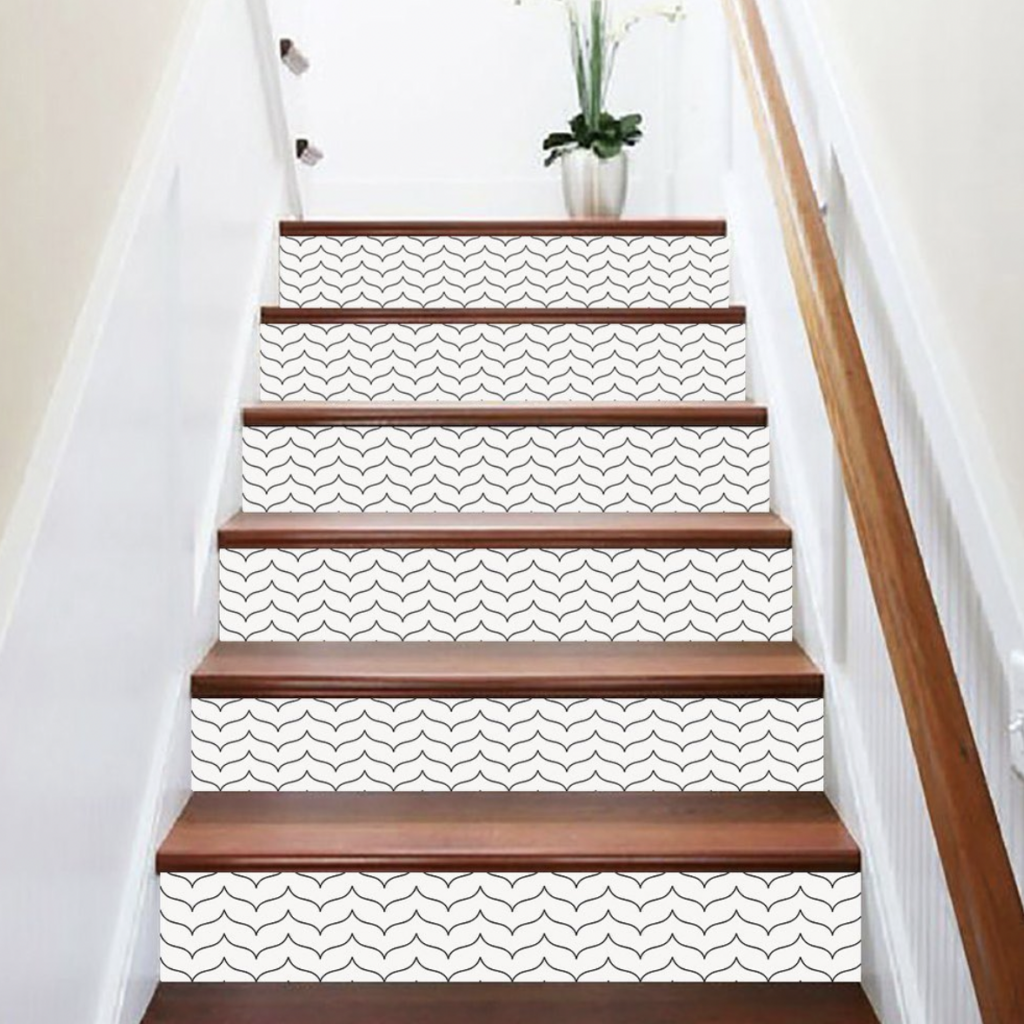 Patterned White and Black Wood Stair Risers