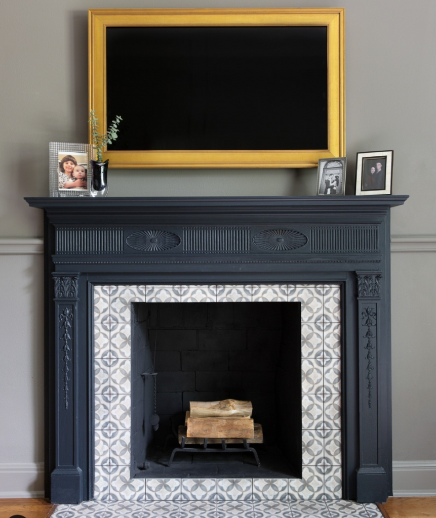 Patterned White Tile for a Fireplace Floor