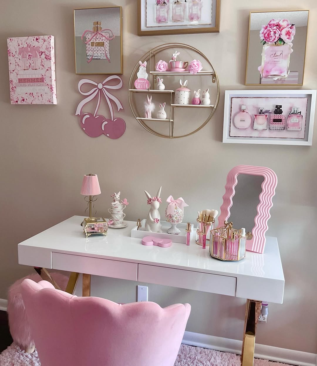 Pink Glam Setup with Easter Figurines and Bows