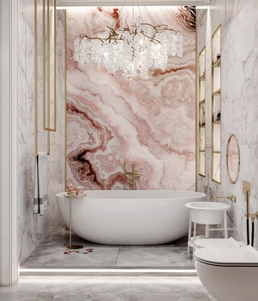Pink Quartz Wall and White Beaded Chandelier