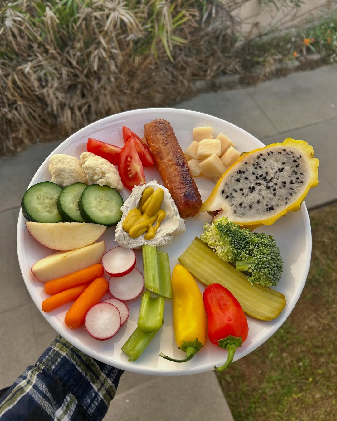 Tropical Tiffany Plate with yellow dragon fruit, apple slices, cauliflower, radishes, and cheese cubes