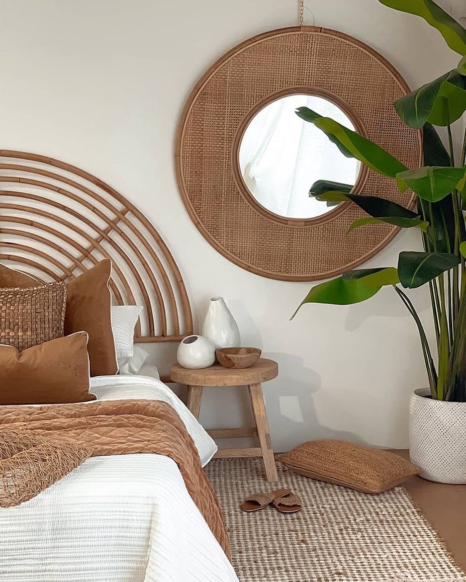 7. Rattan Mirror Frame For Boho Vibe Bedroom Design Ideas