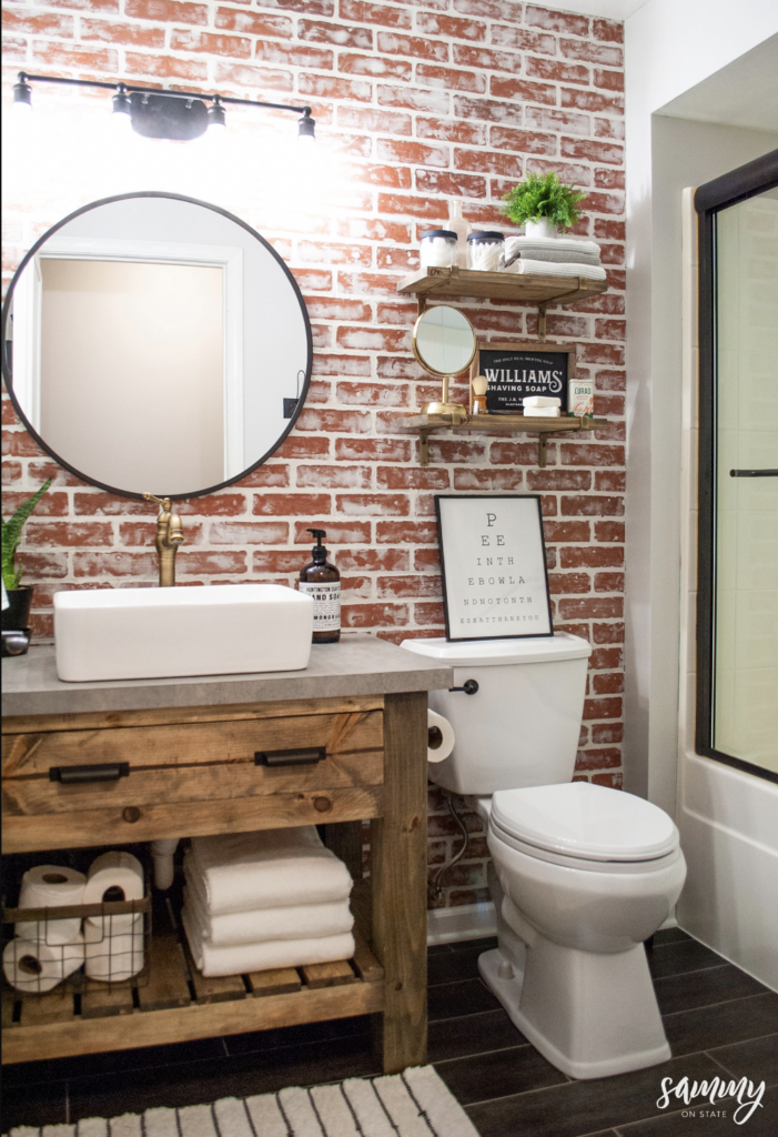 Red Bathroom Wall with Faux Stone