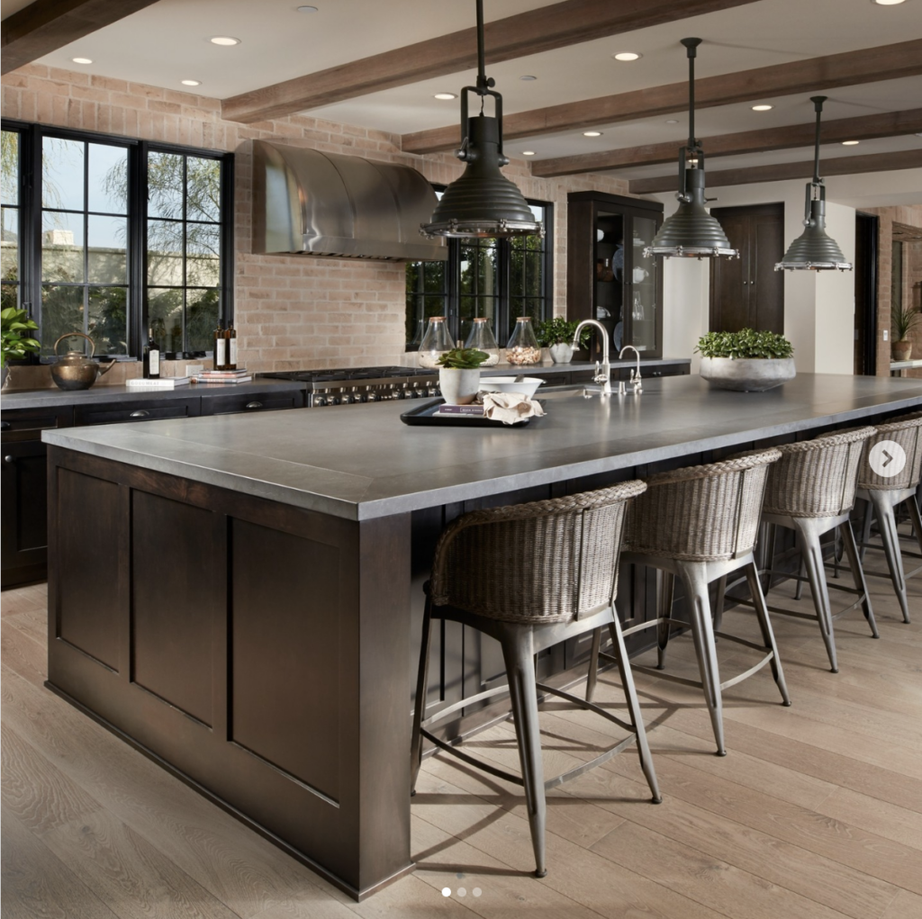 Red Brick Accent Wall Kitchen With Gray Countertop