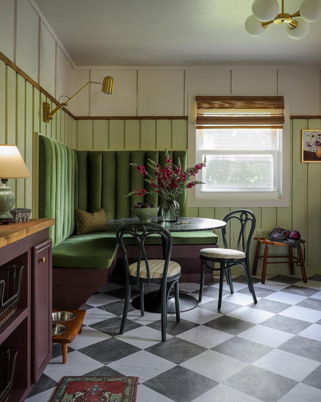 Retro checkerboard corner kitchen table in a dining corner