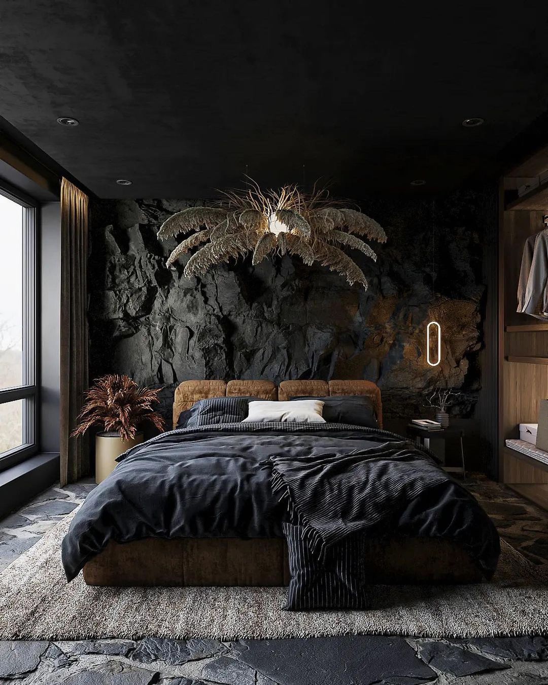 Room in Gray and Black over Natural Stone Flooring