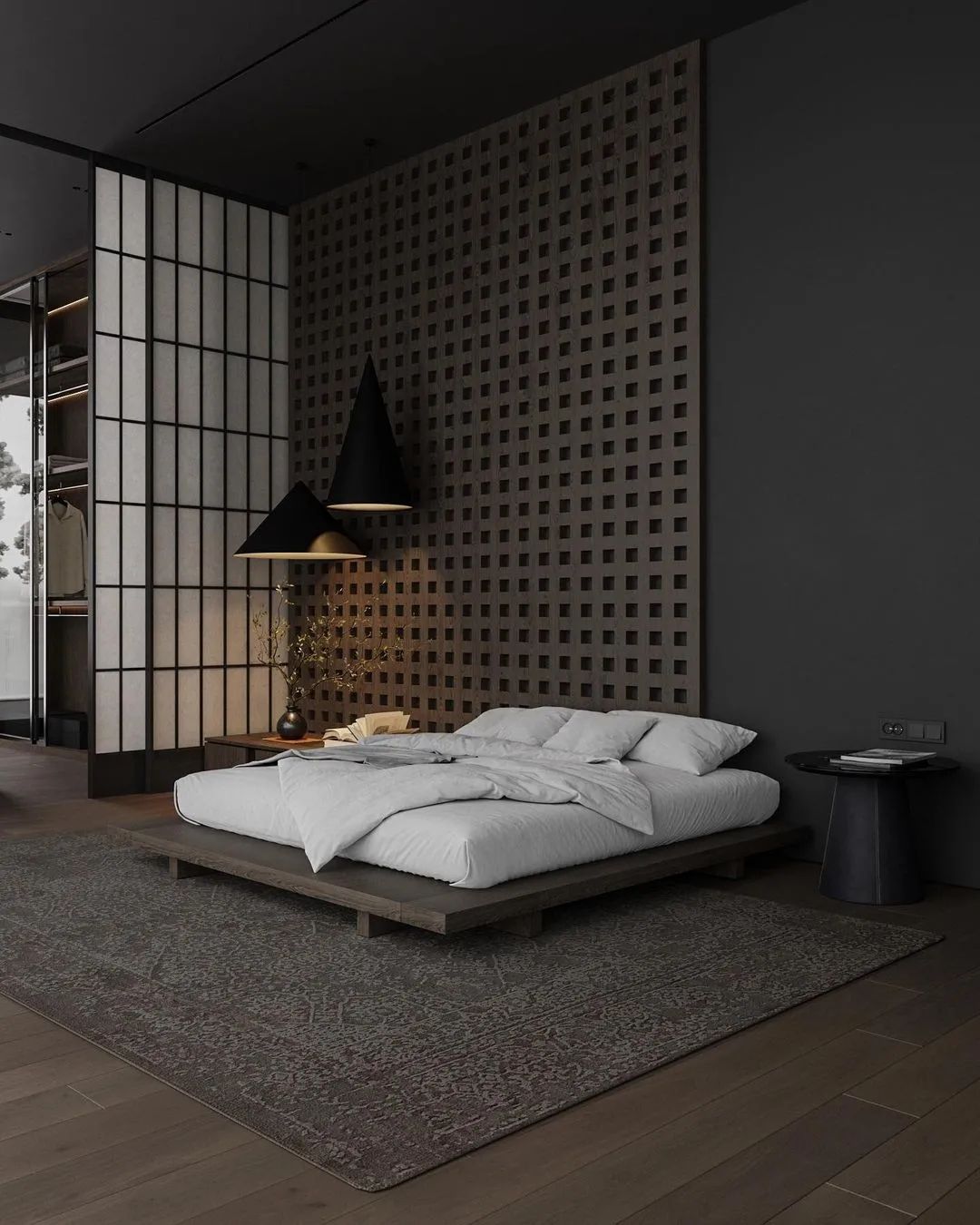 Room with black and grey colors and a white glass divider