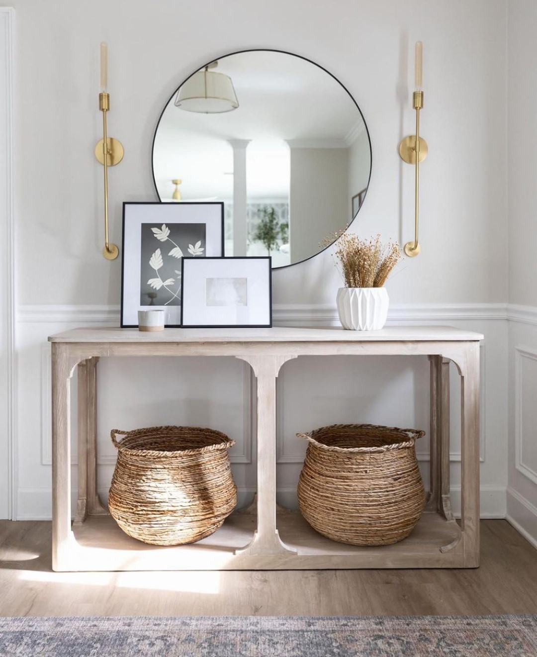 Round Mirror with Two Slender Sconces